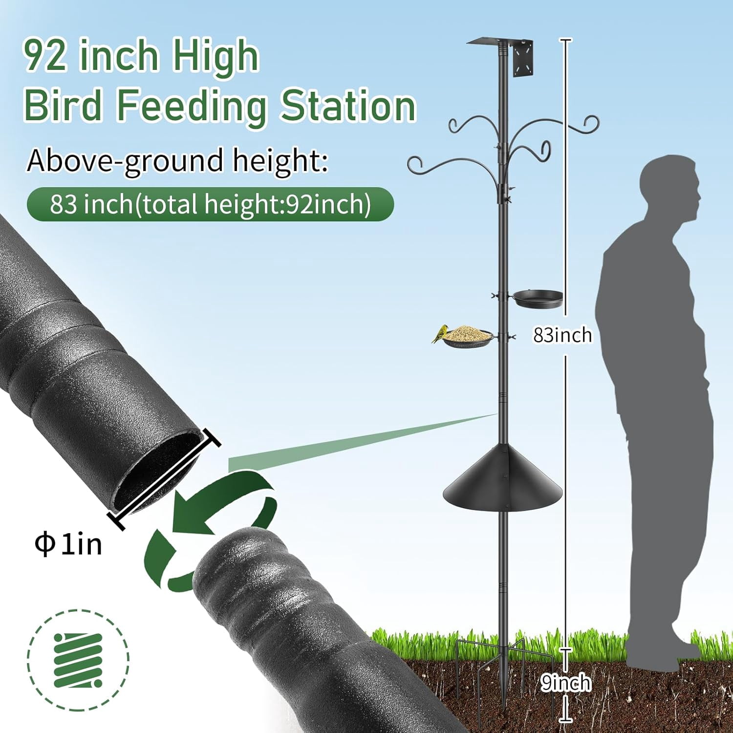 KOLAKO Bird Feeder Pole, 92 inch Squirrel Proof Adjustable Bird House Stand, Heavy Duty Metal Bird Feeder Hanger, Garden Shepherd Hooks with Baffle for Outdoor, Black