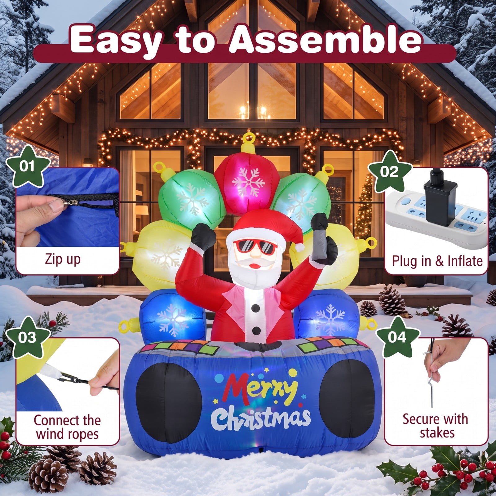 RUIE 6 FT Inflatable DJ Santa Claus with Rotating Music Light and Flashing RGB LEDs, Blow Up Christmas Yard Decoration for Outdoor Lawn Garden Holiday, Multi-Color