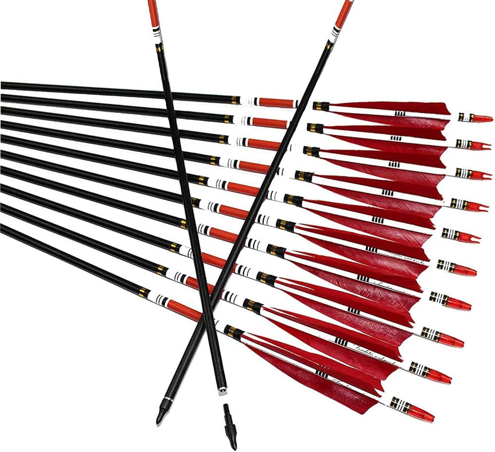 12 PCS Archery Carbon Arrows Turkey Feather Fletched Arrows 31 inches