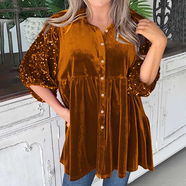 Qertyioot Chemises Mini en Velours pour Femmes à Boutons Décontractées Manches Bouffantes 3/4 Hauts Patchwork à Paillettes