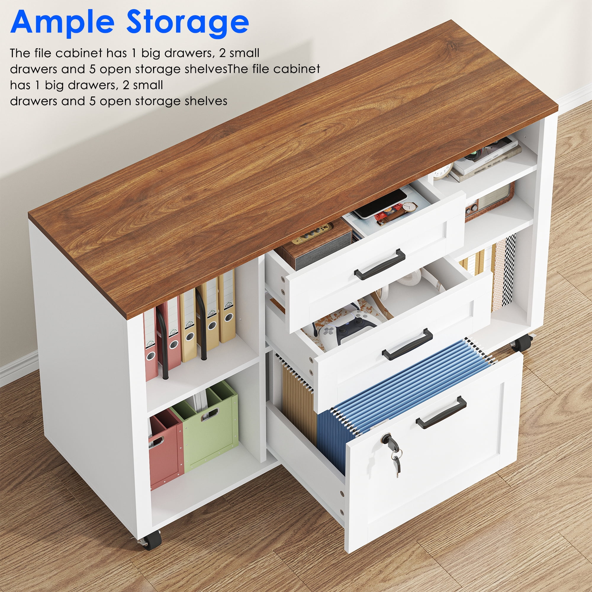Modfurne 3 Drawer Wood Mobile Large lateral File Cabinet, Lockable Rolling Filing Cabinet, Printer Stand Home Office Storage Fits Files Legal/A4 (White)