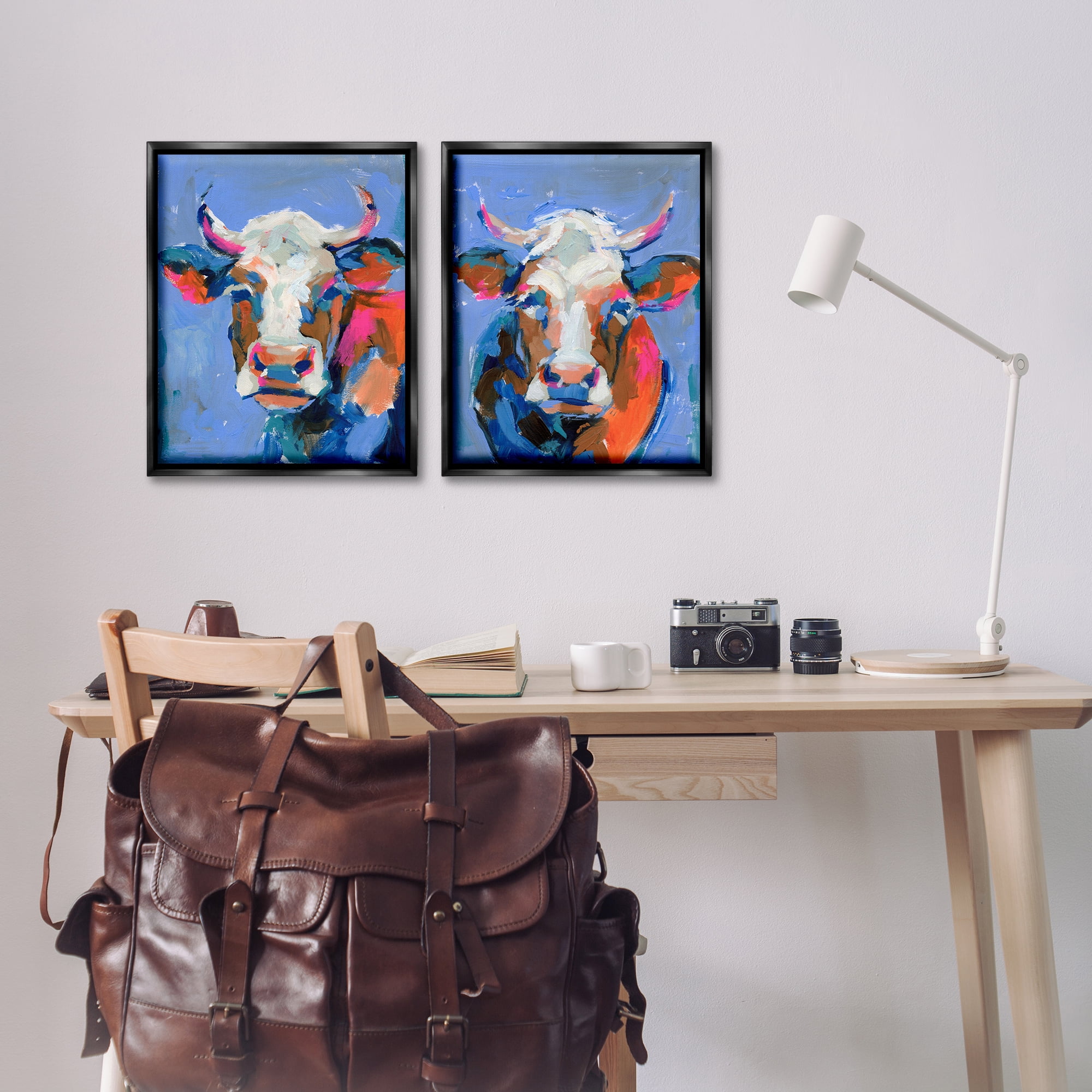 Stupell Industries Guernsey Cow Horned Portrait Animals Painting Black Floater Framed Canvas Art Print Wall Art, 17 x 21, Set of 2