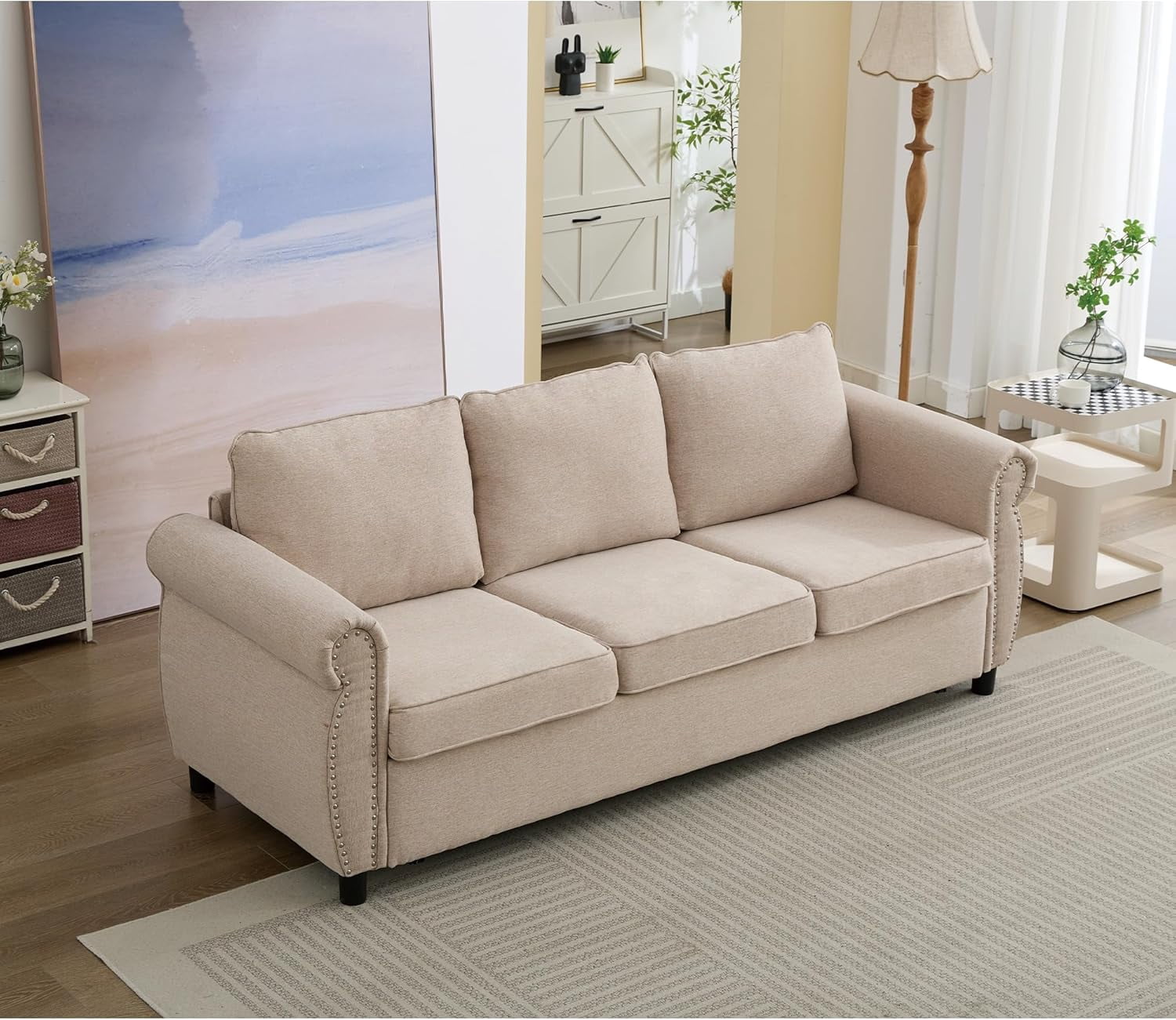 Sleeper Sofa Bed Full Size, Pull Out Couch with Mattress, 81.5'' 3 Seater Upholstery Sectional Couches, Modern Linen Convertible Sofa, Living Room Furniture for Small Spaces, Apartment, Beige