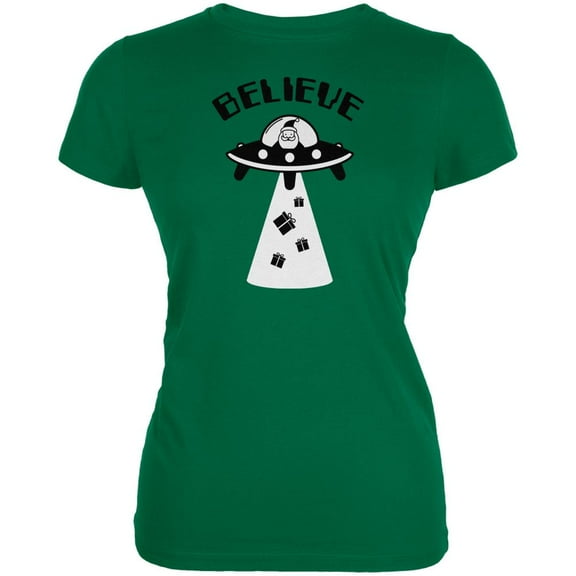Christmas Believe Santa UFO Kelly Green Juniors Soft T-Shirt - Large
