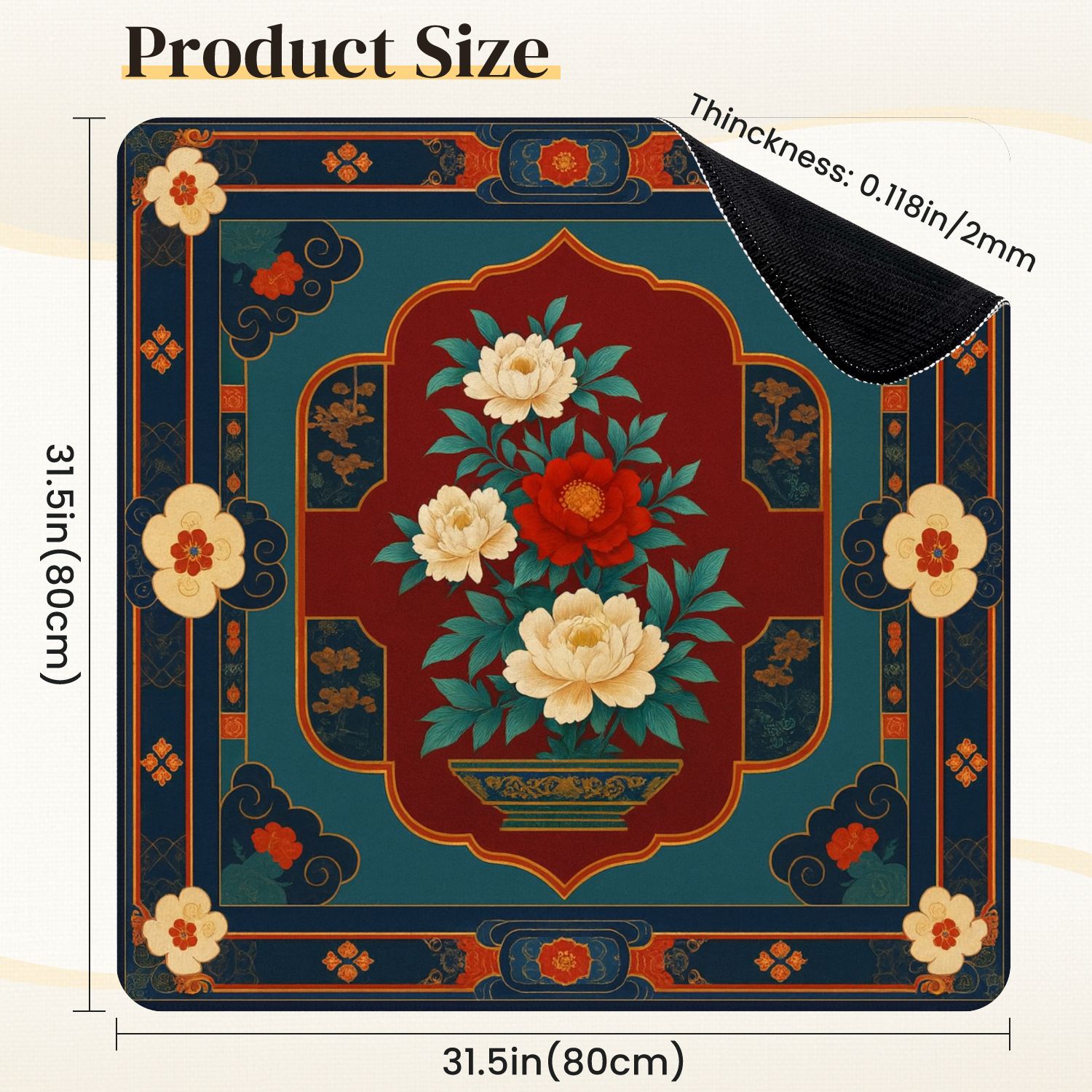 Mahjong Mat 31.5" x 31.5" Traditional Floral Anti-Slip and Noise Reduction Symmetry Design Mahjong Tiles Table Cover for Dominoes Poker Card Board and Tile Games