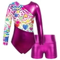 thumbnail image 3 of YONGHS Kids Girls Printed Long Sleeve Dance Gymnastics Leotards and Athletic Shorts Set, 3 of 7