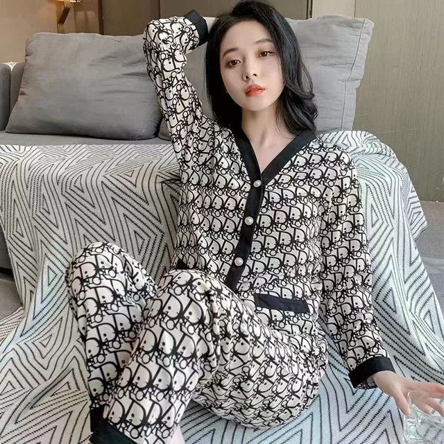 Primavera otoño ropa de dormir de mujer estilo coreano cárdigan abierto con cuello en V pantalones largos de manga larga conjunto de dos piezas ropa para el hogar se puede usar