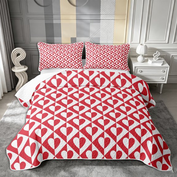 Castle Fairy Retro Heart Check Twin Quilt Set 2 Pieces,Minimalism Love Motif Twin Coverlet Set,Red White,1 Bedspread and 1 Pillowcase