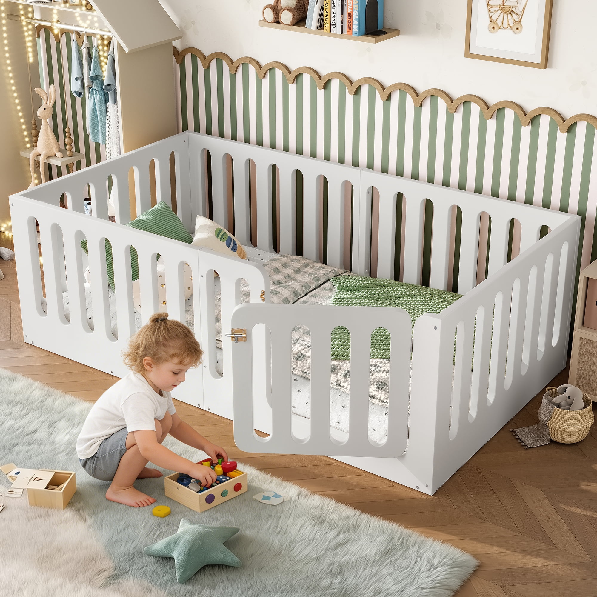 Miniyam Twin Floor Bed with Door, Low Profile Kids Bed with Guardrails, Pine and Plywood, White