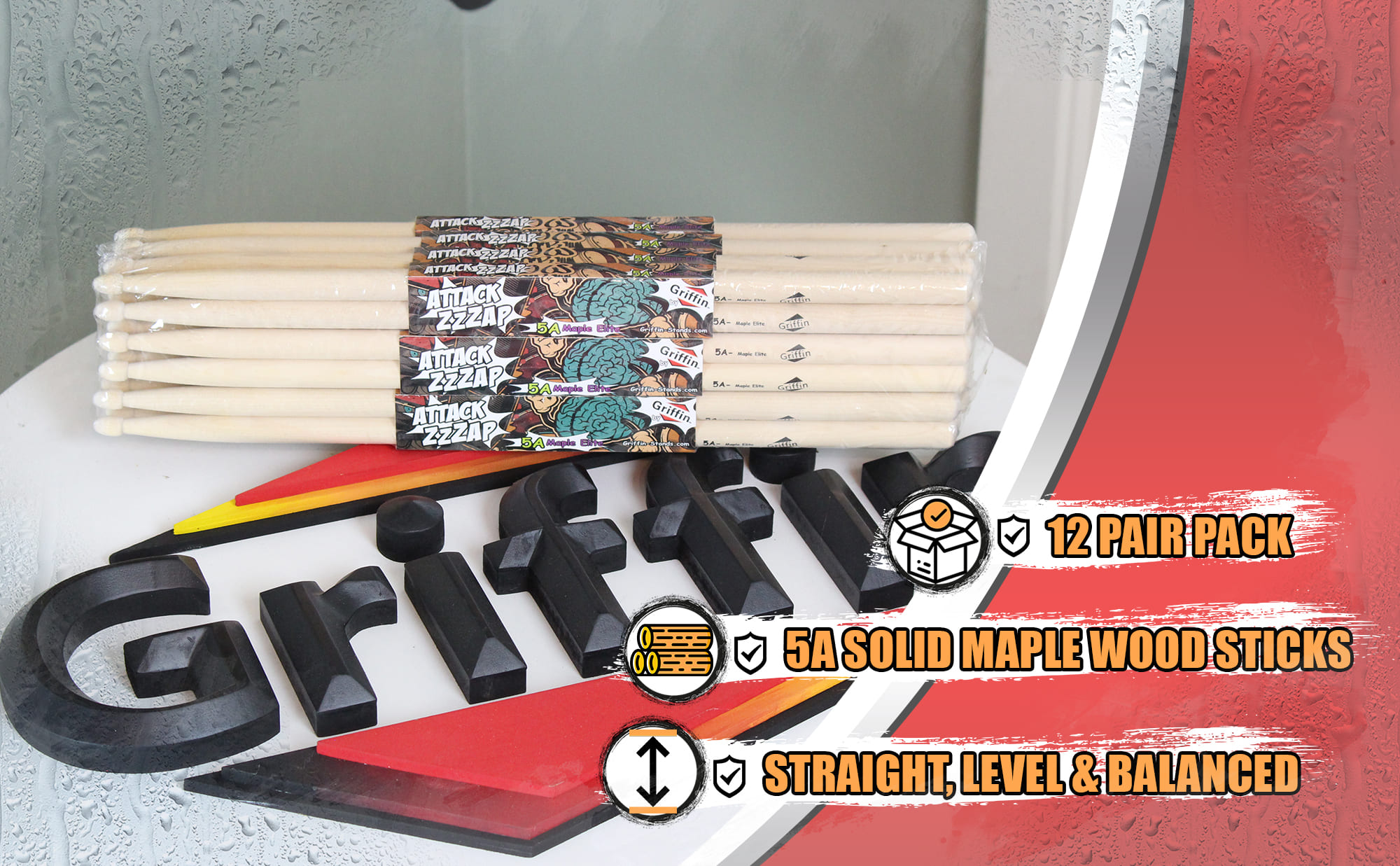 12 Pairs of Select Elite Maple Wood Drum Sticks by Griffin Attack Zzzap - Size 5A Balanced, Level and Straight - Drummers Percussion Classic Pure Grit Uncoated, Raw Wood Drumming Sticks