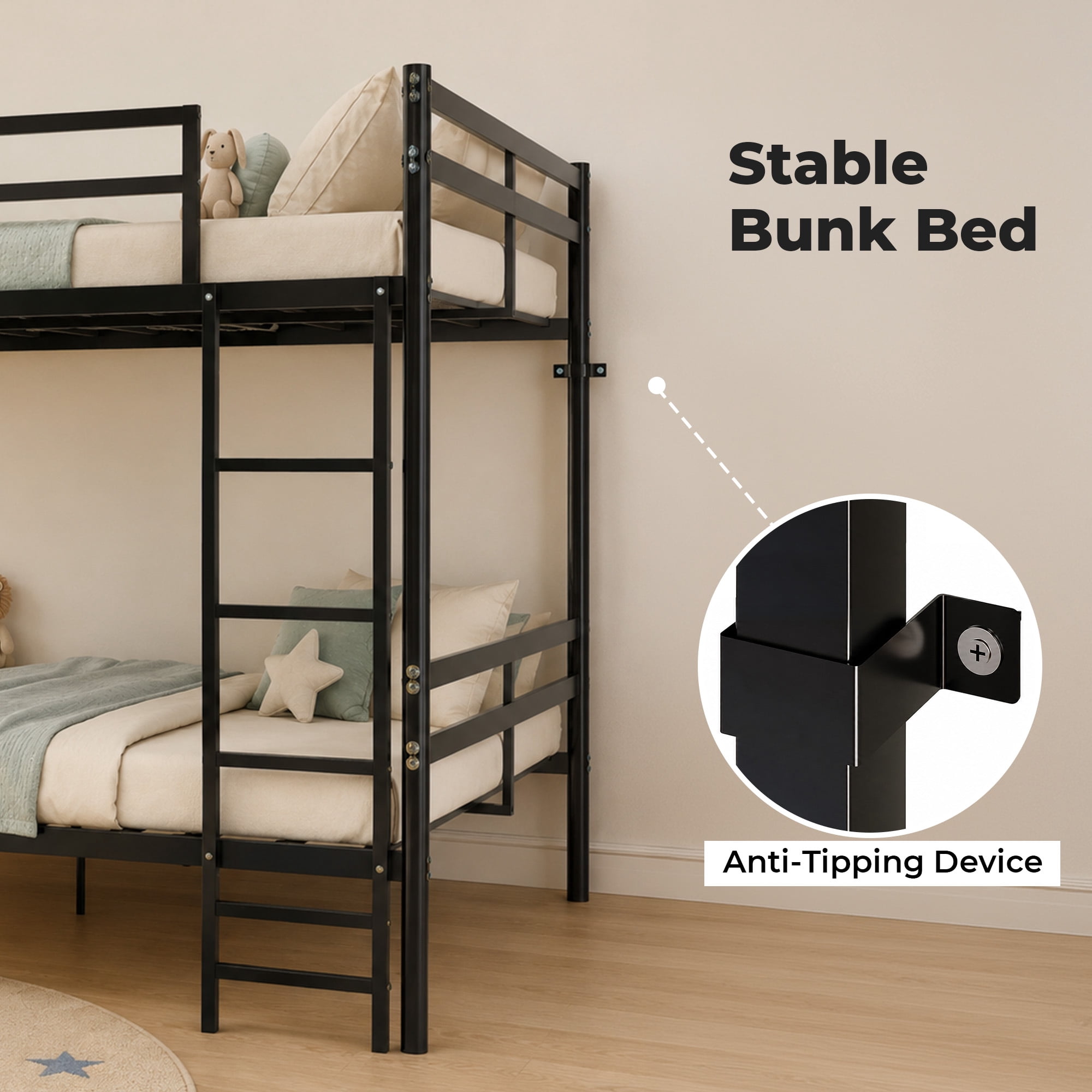 Alvantor Bunk Bed Full over Full for Kids, Metal Bunk Bed with Stairs and Anti-tip Bracket Black