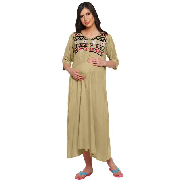 Moomaya Womens Embroidered Round Neck Rayon Slub Long Maxi Maternity Dress
