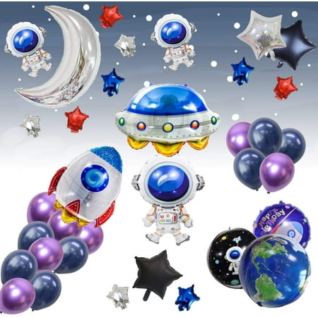 foil and latex blue galaxy astronaut airship space decorations balloons, 37 piece