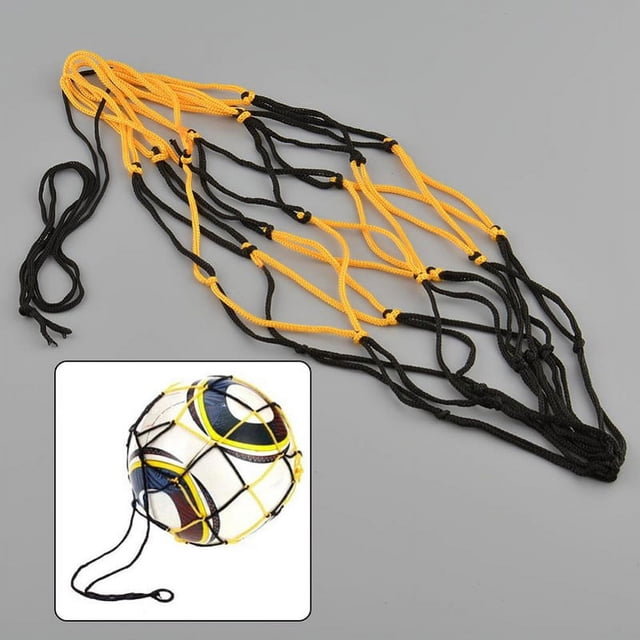 Nylon Mesh Ball Net Bag - Holds Soccer, Basketball, Volleyball - Drawstring Closure - Washable - Black & Yellow - FY0072