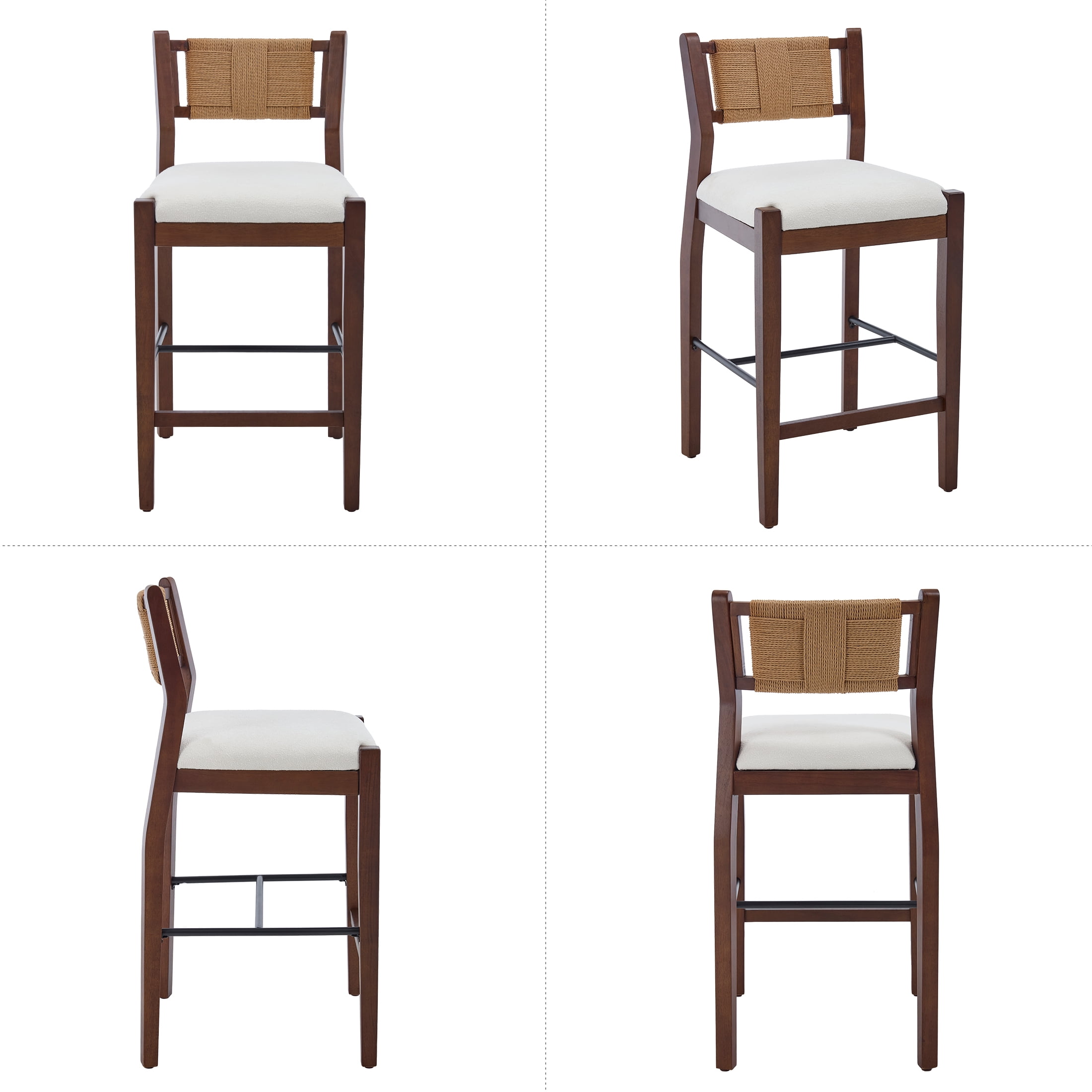 Guyou 26" Rattan Barstools Set of 2, Boho Solid Wood Counter Height Bar Stools, Chenille Upholstered Kitchen Island Chairs for Dining Room Bar, White