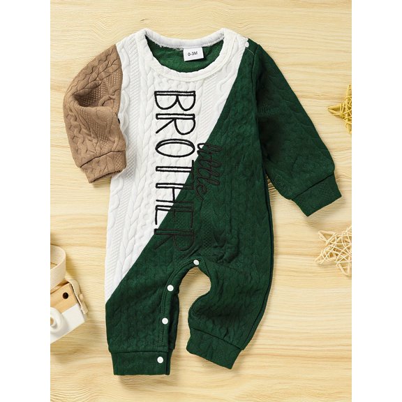 Zehjuhan Newborn Baby Boy Onesie, Long Sleeve Round Neck Cover Letter Print Color Patchwork Jumpsuit For Autumn And Winter