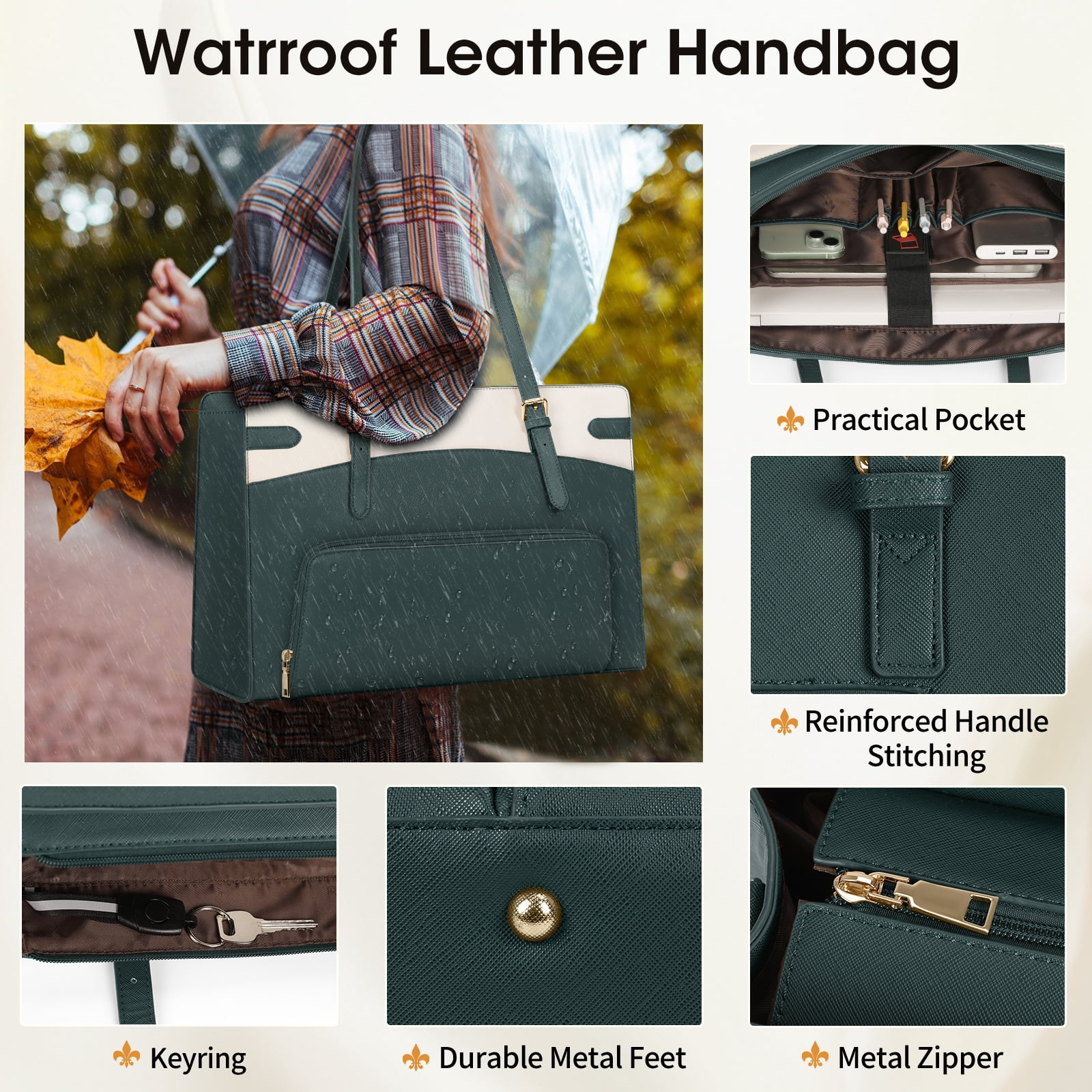 RAINSMORE 15.6 inch Lunch Tote Bag for Women Laptop Bags with Insulated Lunch Compartment Teacher Work Bag for Office Travel,GreenWhite