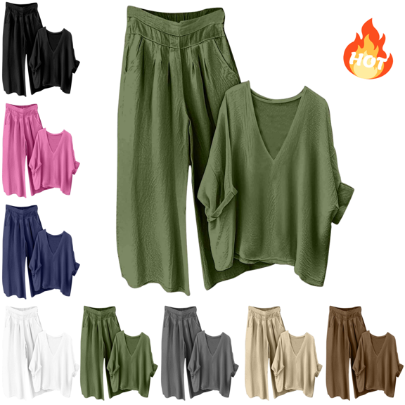 Mifsaly Linen Sets for Women 2 Piece V-Neck Oversized Top and Wide Leg Capri Pants Lightweight Summer Matching Outfits Going Out Vacation Loungewear S