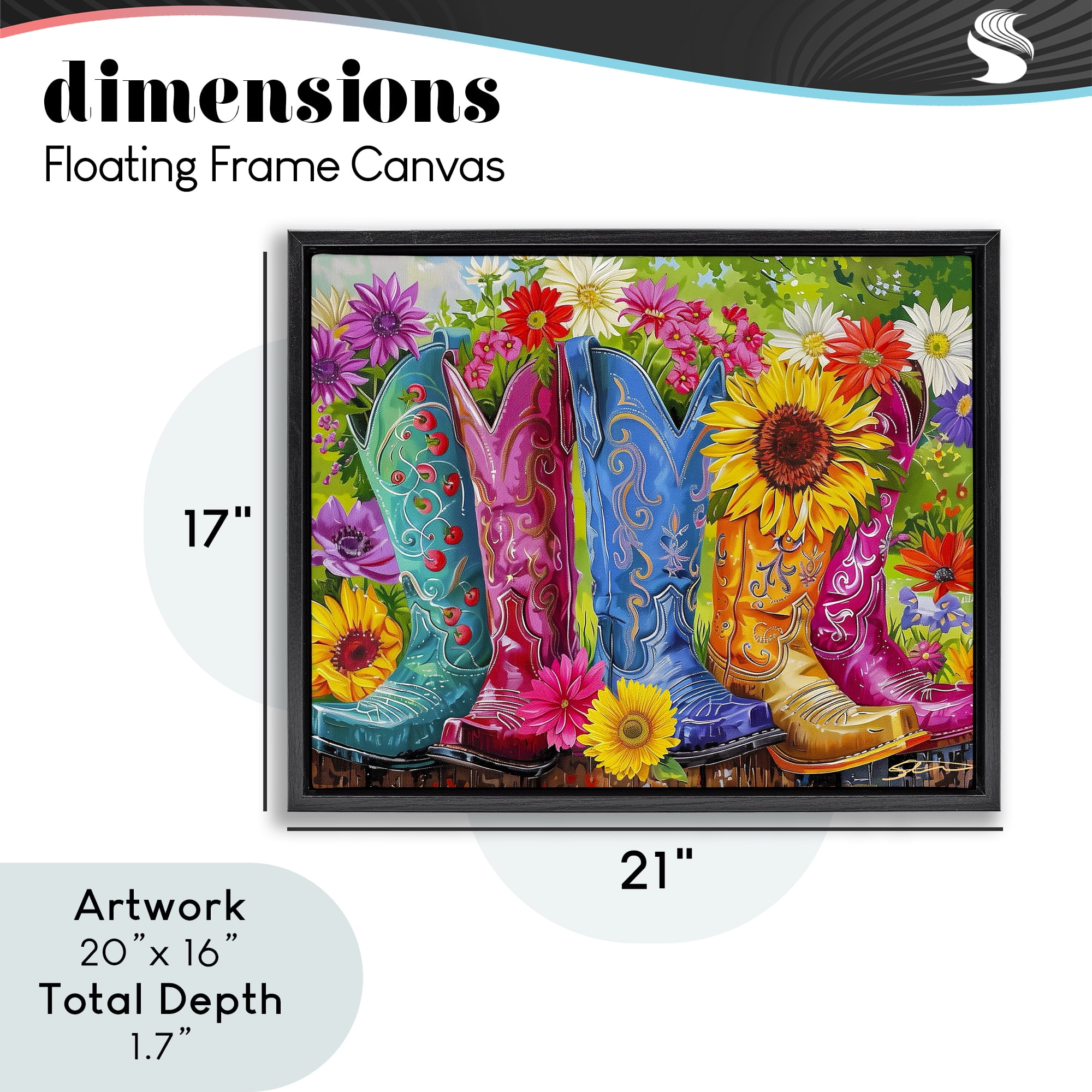 Cowboy Boots and Sunflowers Black Framed Floater Canvas Wall Art, design by Shawna Stewart