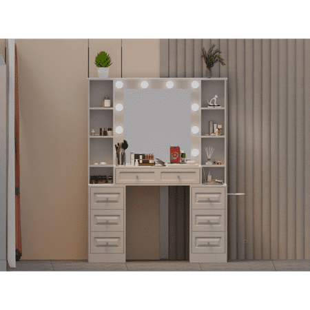 Miekor Furniture Vanity Desk with Mirror and Lights Makeup Vanity Table wwith Lighted Mirror & Charging Station Vanity Desk Dresser MK0797