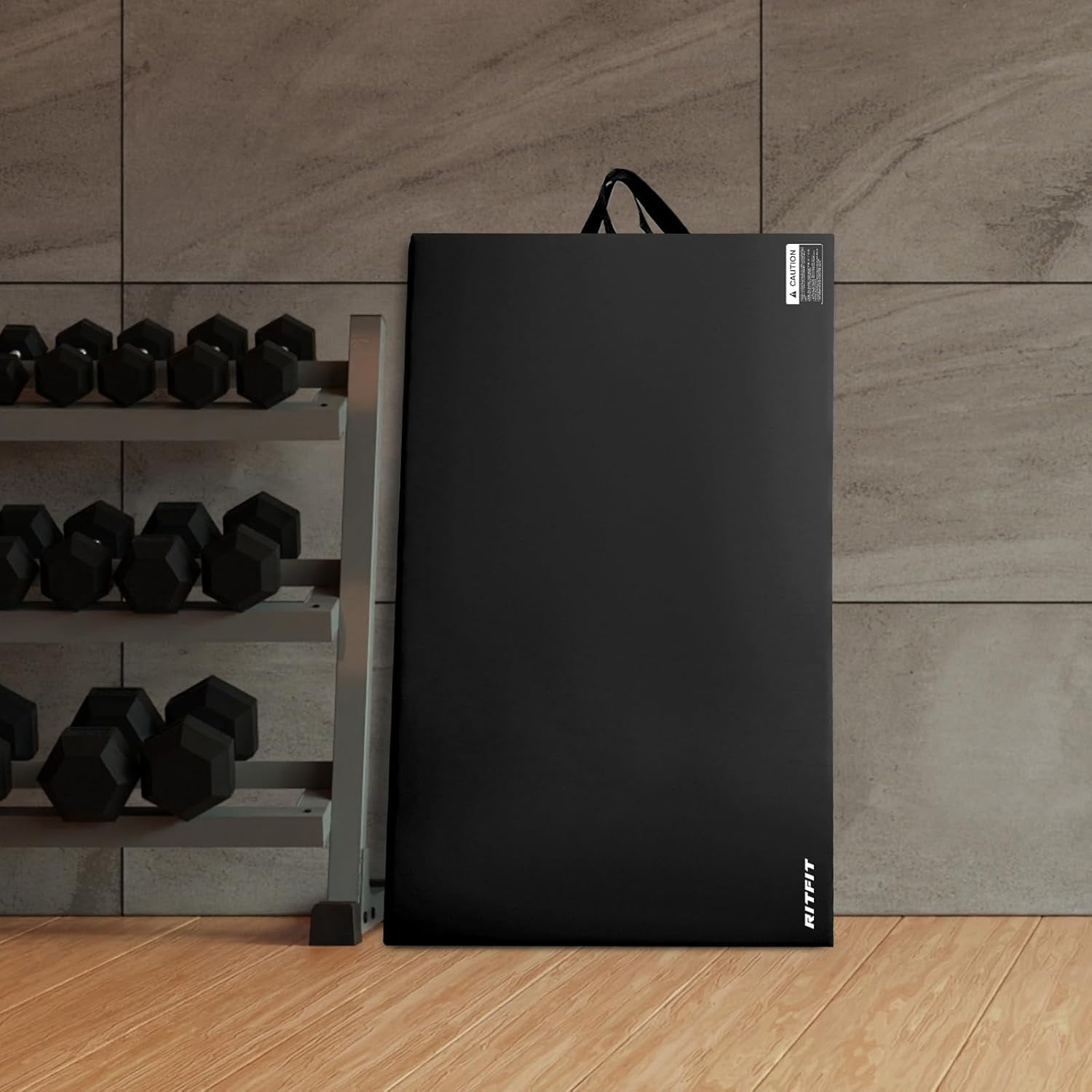 RitFit 4' x 8' Folding Gymnastics Mat with Carrying Handles for Yoga, Stretching, Core Workouts(Black)