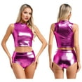 thumbnail image 5 of dPois Womens Metallic Sleeveless Mock Neck Crop Tank Tops with Shiny Booty Shorts for Dance Music Rose L, 5 of 6