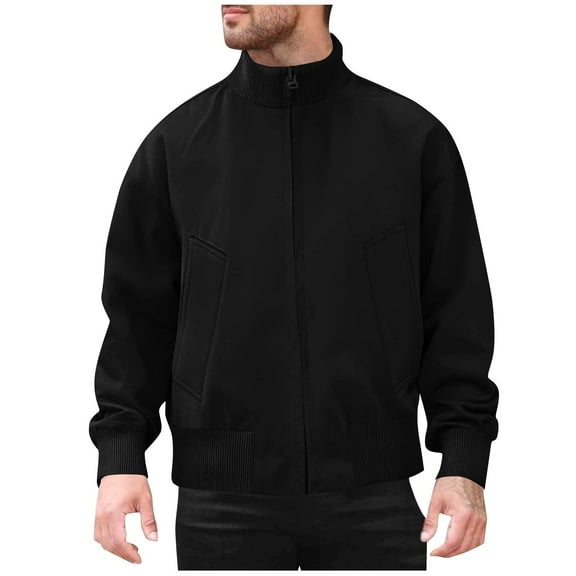 USNSM (M-5XL) Men's Big and Tall Solid Casual Jacket Outdoor Long Sleeves Stand Collar Zipper Pocket Baseball Jacket Black XL