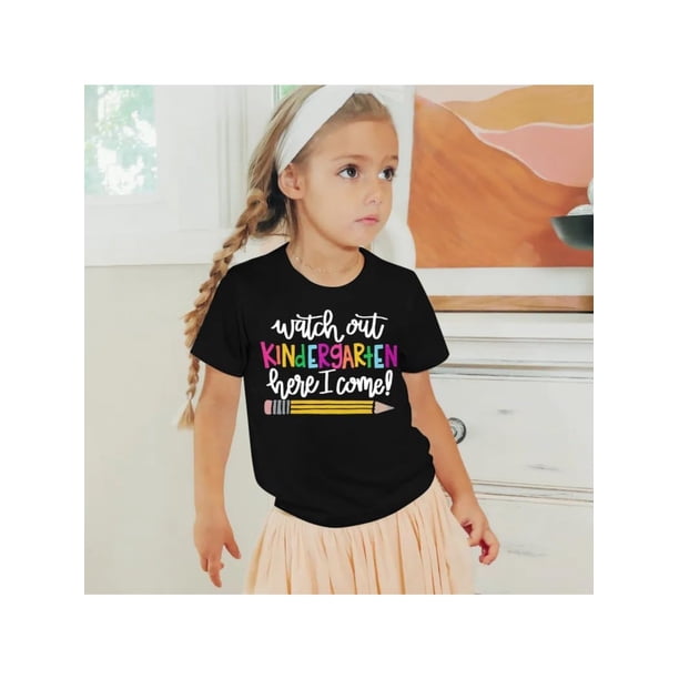 Camisetas de jardín de infantes para niñas, camiseta de "Cuidado con el jardín de infantes, aquí vengo", camiseta para niños de regreso a la escuela, camiseta escolar para niños