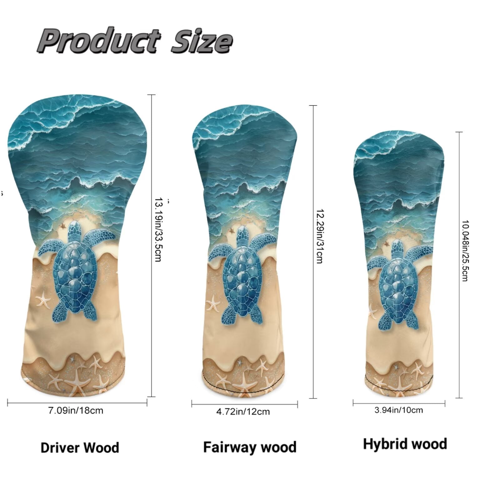 Uorisanigo Golf Club Head Covers Set of 3 Golf Club Covers for Driver, Woods and Hybrid, Accessories Premium PU Leather Beach Turtle Golfclub Headcovers, Gifts for Men Women