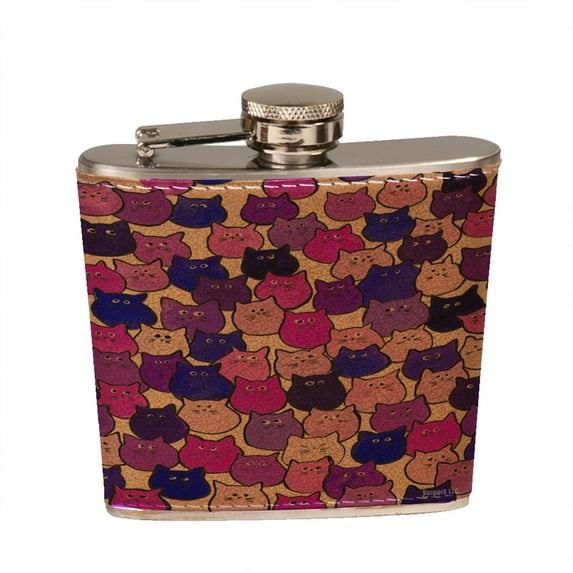 KuzmarK 6 oz. Leather Pocket Hip Liquor Flask - Very Purple and Blue Tiny Chubby Kitties Art by Denise Every