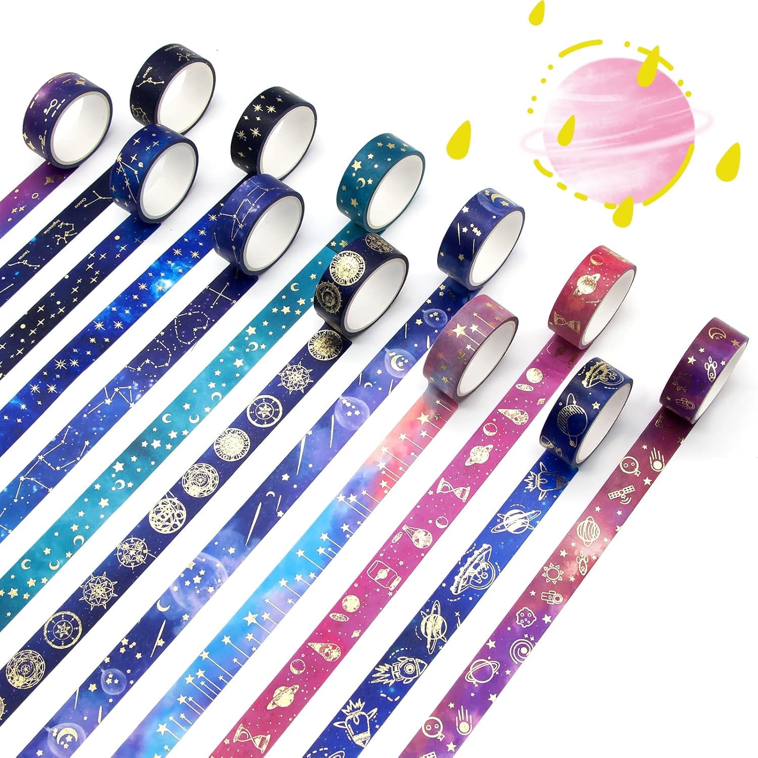Washi Tape Set - Gold Foil Galaxy Decorative Masking Tape Constellation,Stars,Celestial,Adhesive Tape for Bullet Journal,Diy Craft,Scrapbooking Supplies,Gift Wrapping,Party Decoration