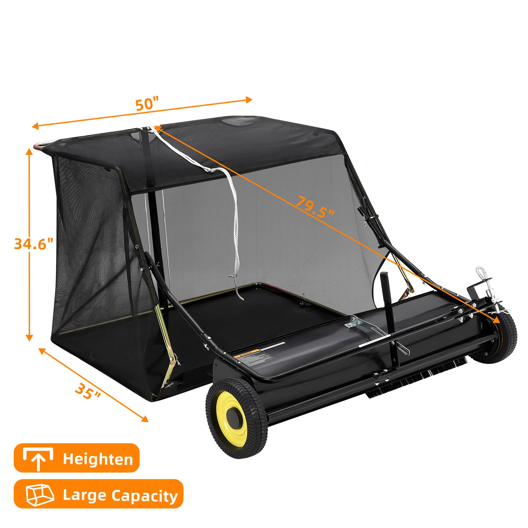 50" Tow-Behind Lawn Sweeper - 26 cu.ft. Leaf & Grass Collector with Adjustable Height & Dumping Rope Design for Easy Debris Pickup