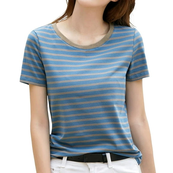 Women's Striped Retro Korean Style Loose Round Neck Short Sleeve T Shirt, 82% Polyester+12% Rayon+6% Spandex, Color Contrast, S XXXXL Sizes