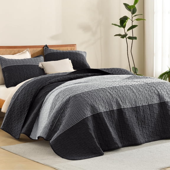 Quilt Set for Queen Bed, Grey Black White Stripe Patchwork Pattern, Breathable Microfiber Comforter, 3 Piece Bedding for Summer and Winter, Multicolor