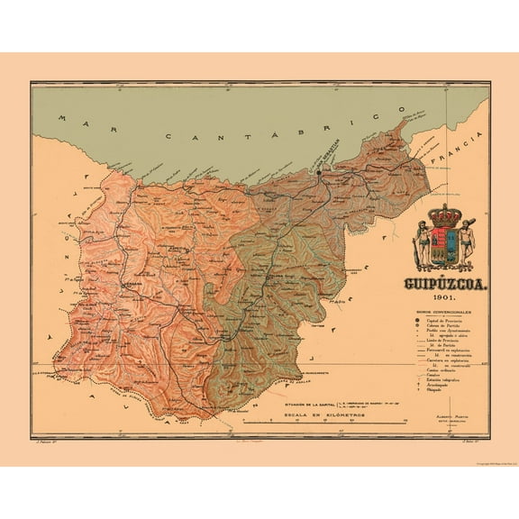 Historic Map - Gipuzkoa Spain - Martine 1904 - 28.79 x 23 - Vintage Wall Art