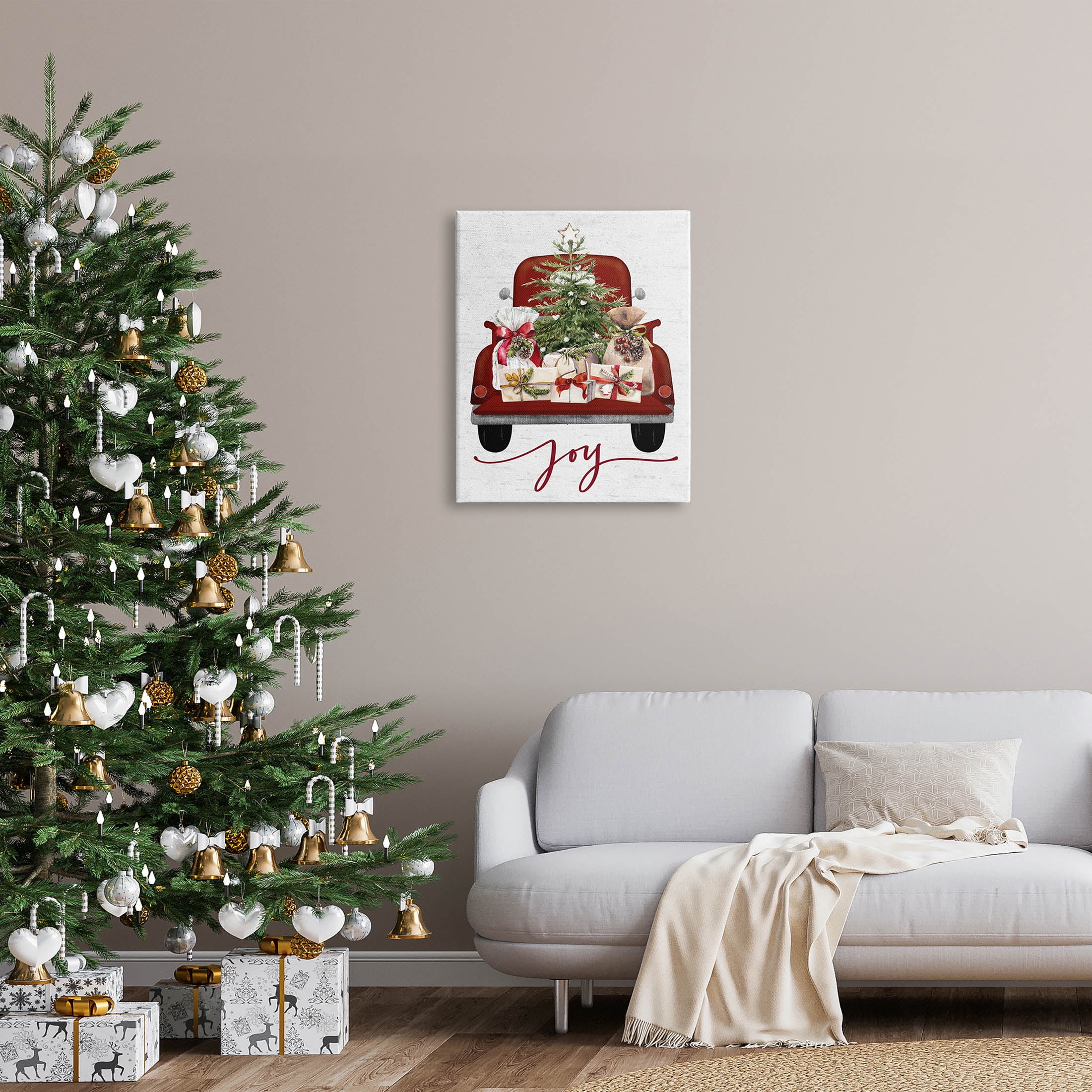 Stupell Industries Joy Holiday Red Gift Truck Graphic Art Gallery Wrapped Canvas Print Wall Art, Design by Lettered and Lined