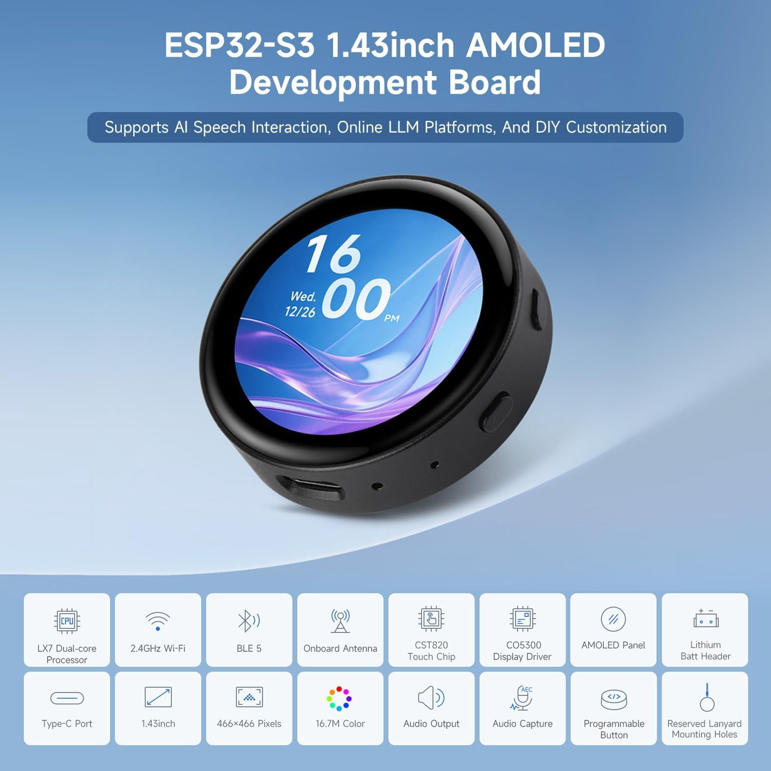 ESP32-S3 1.43inch AMOLED Round Touch Display Development Board, 466 × 466, Supports AI Speech Interaction and Online LLM Platforms, Dual-core Processsor and 240MHz Frenquency, NO BAT