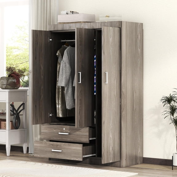 UBesGoo 3-Door Wardrobe, Wide Armoire with 2-Drawers, Clothing Rod and 3-Shelves in Gray