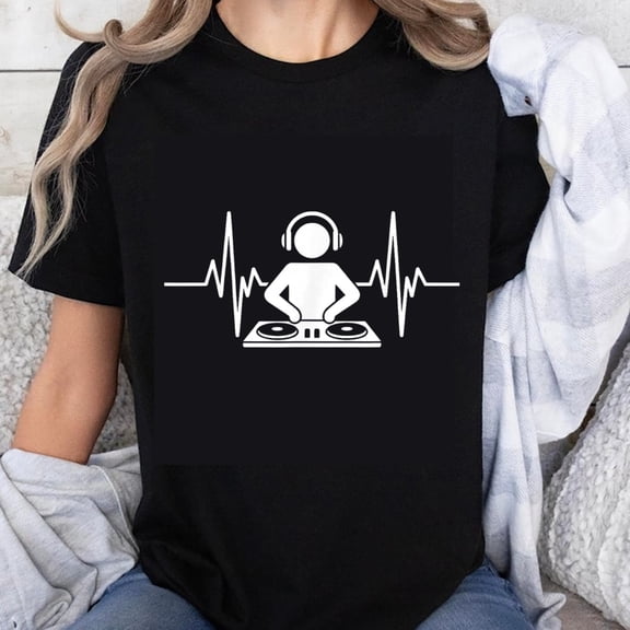 100% Cotton DJ Music Heartbeat T-Shirt for Men Women Unisex Black Graphic Tee Party Dance Club Wear Fashion Top