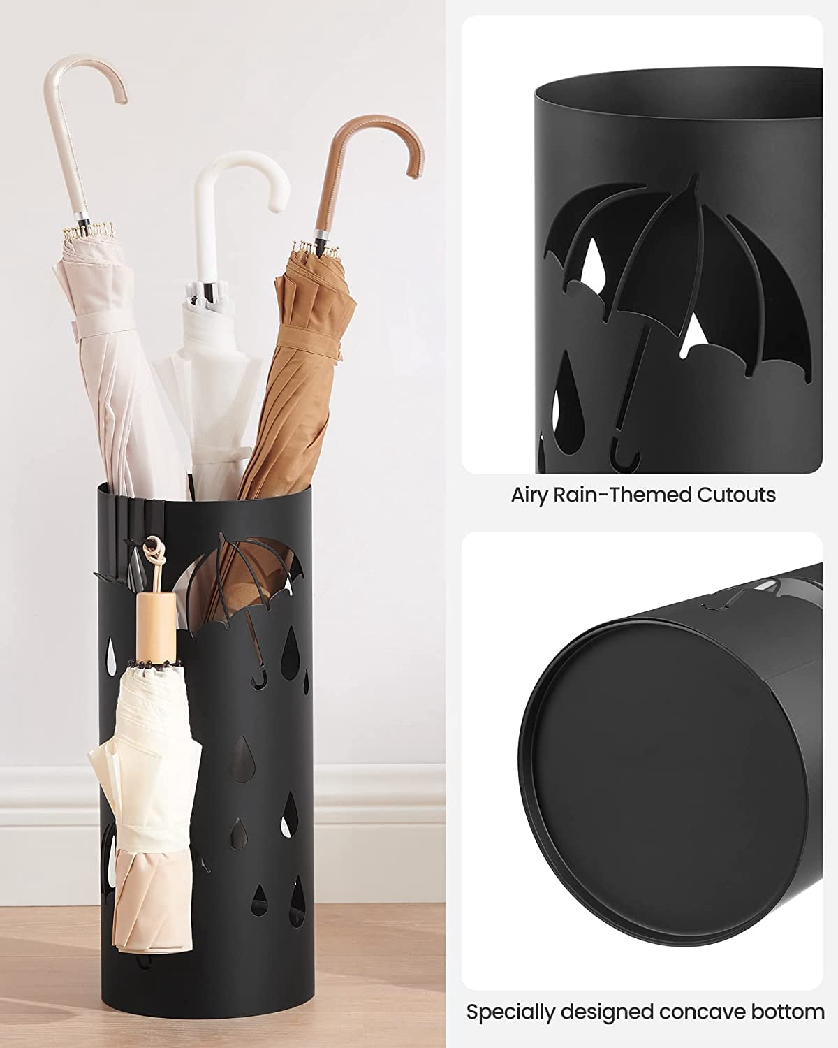 Umbrella Stand, Metal Umbrella Holder for Entryway, with Water Tray and 4 Hooks