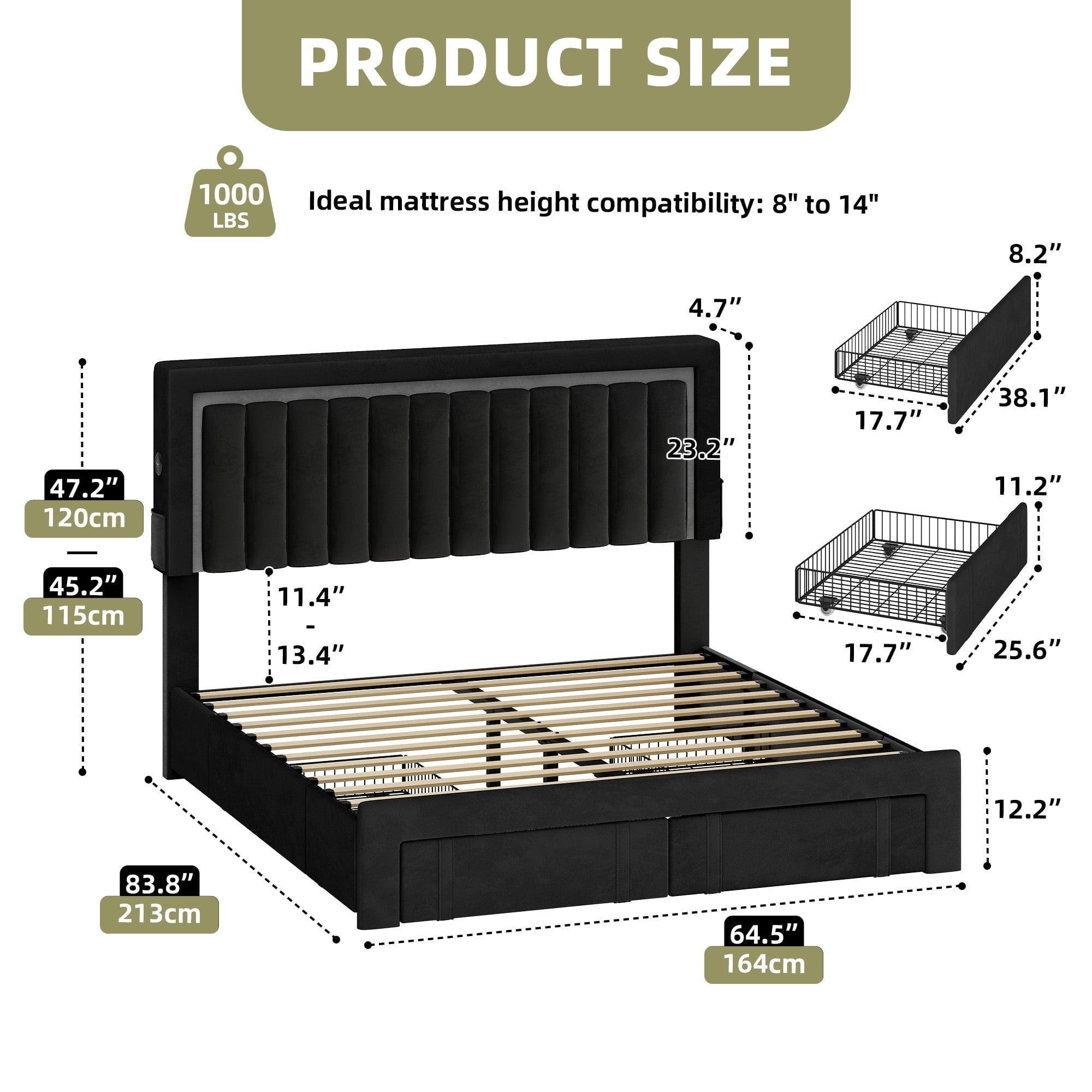 Uforic Queen Size Black Velvet Upholstered Platform Bed Frame with RGB LED Lights, 4 Storage Drawers & USB Ports