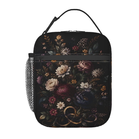 Dark Floral Bouquet Lunch Bag Reusable Thermal Lunch Tote with Handle for Women and Men