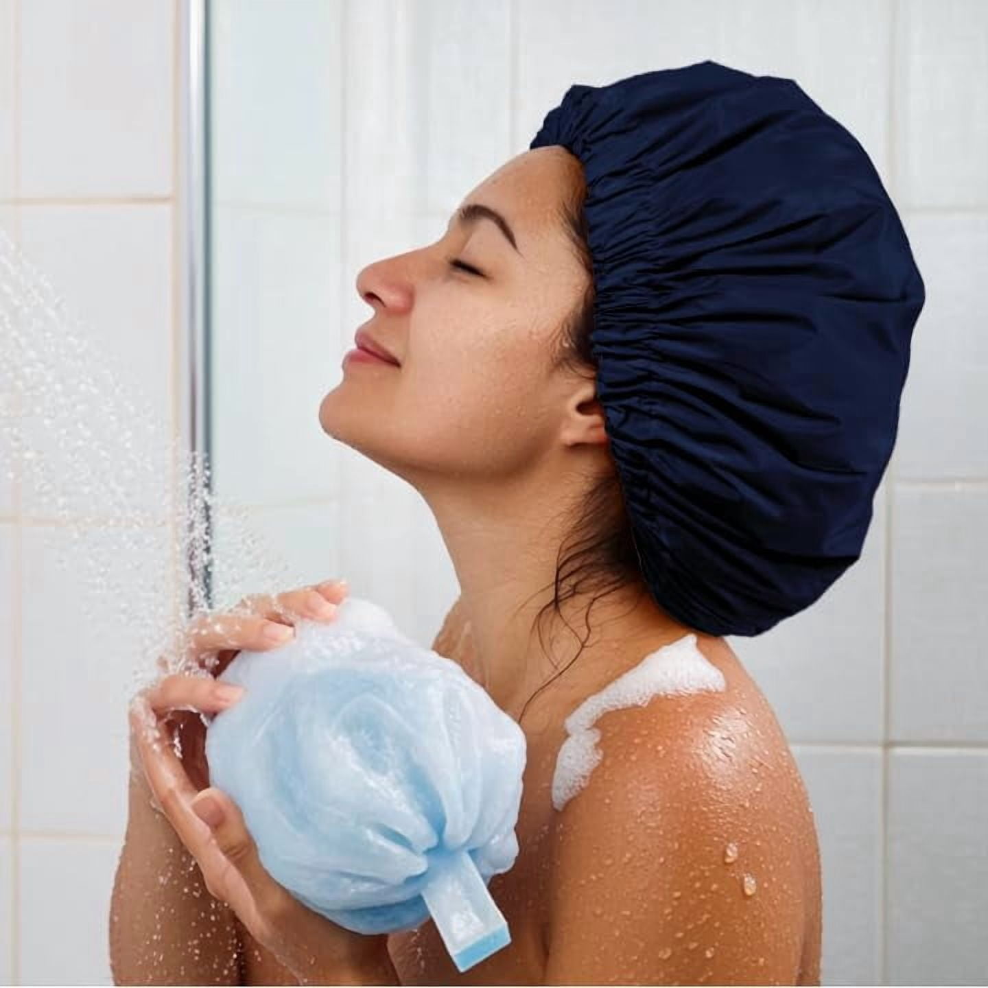 Reusable Shower Cap for Women, Large Waterproof Bonnet with Elastic Band, Washable Bath Hair Long, Curly Hair, Braids, Daily Shower, Home Spa, Travel(Navy)