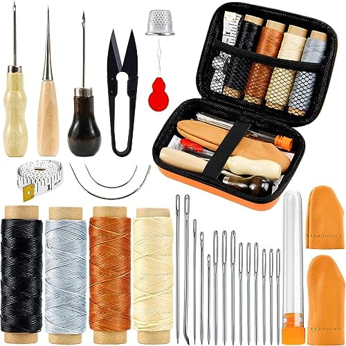Leather Repair Sewing Kit: 31pcs Leather Working Tools with Pro Waxed Thread,Large Eye Hand Sewing Needles,3 Versatile Awl,Heavy Duty Sewing Kit for Car,Upholstery,Vinyl,Canvas 02
