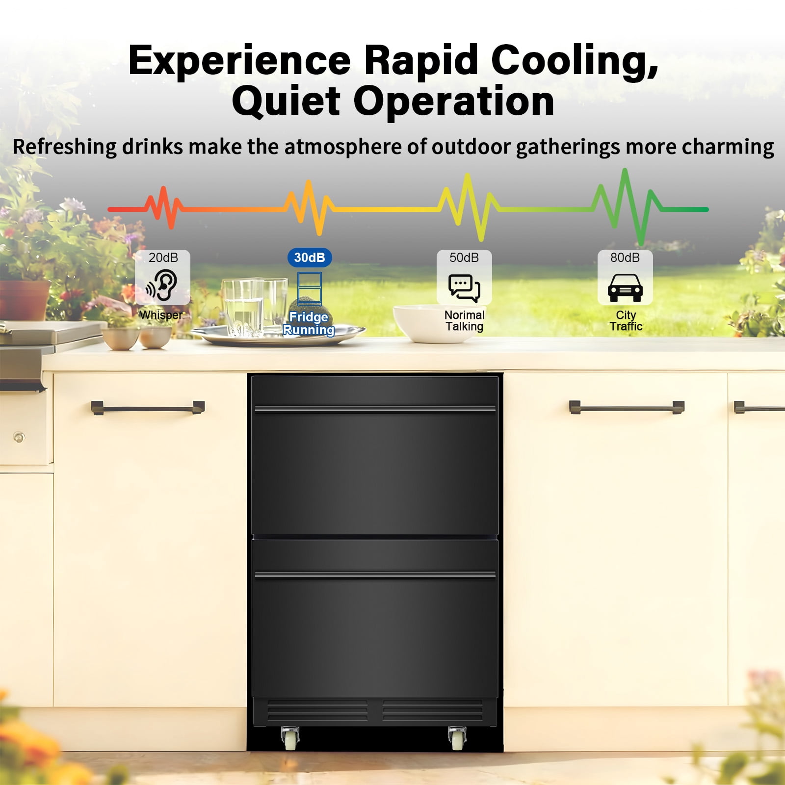 TITTLA 24 inch Under Counter Dual Drawer Beverage Refrigerator Fridge with Wheels,Freestanding for Patio, Stainless Steel Weather-Proof, Ideal for Home and Commercial Use