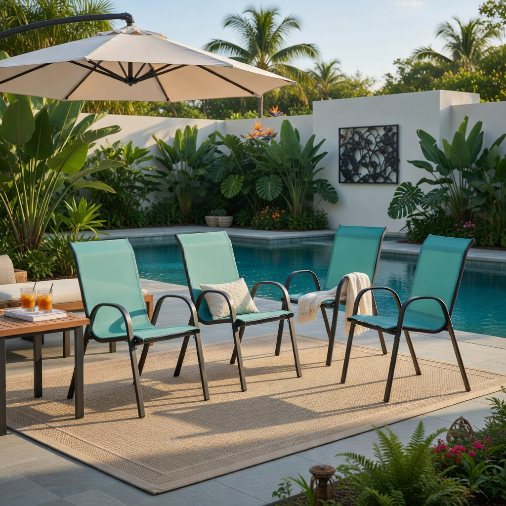 Hommoo 4-Pack Outdoor Patio Chairs with Grey Steel Frame, Stackable, Weather-Resistant Mesh Seating for Deck, Poolside & Backyard, Navy
