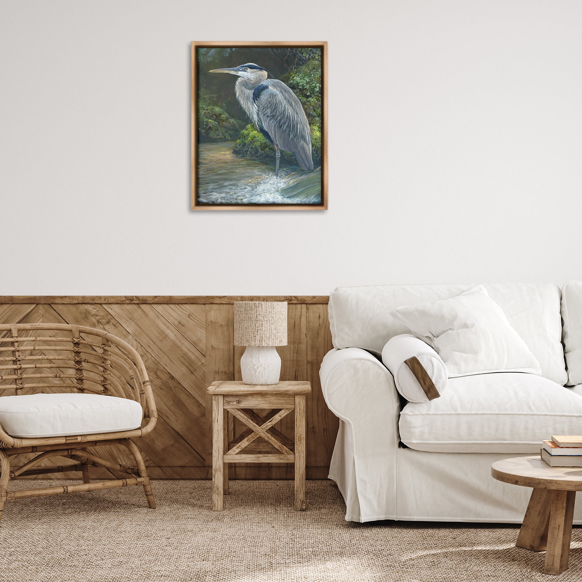 Stupell Industries Blue Heron at Water's Edge Animals Painting Brown Floater Framed Canvas Art Print Wall Art, 25 x 31