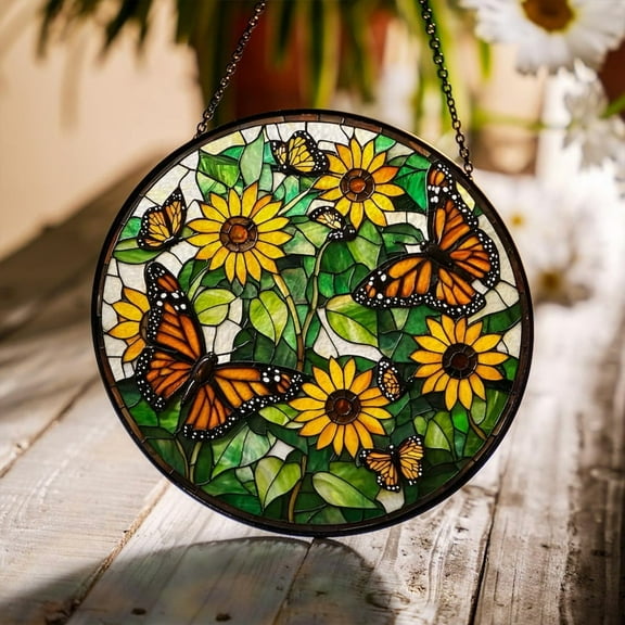 Sunflower Butterfly Stained Glass Suncatcher, Round Window Hanging Panel, Handmade Bright Floral Garden Decor, Nature-Inspired Sun Art