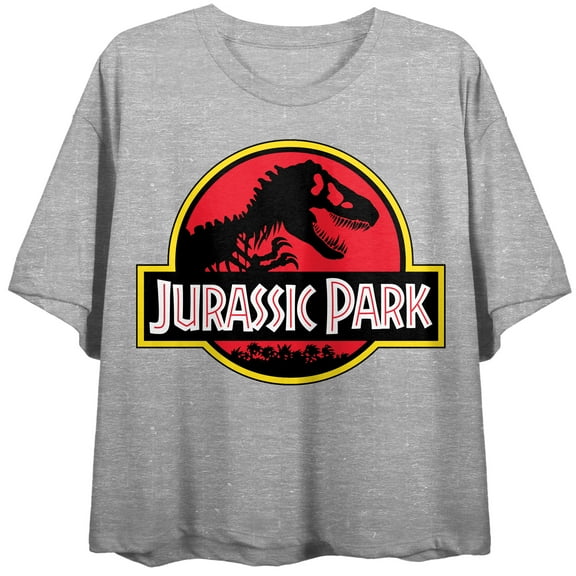 Jurassic Park Logo Women's Athletic Heather Crew Neck Short Sleeve Crop Top-Medium