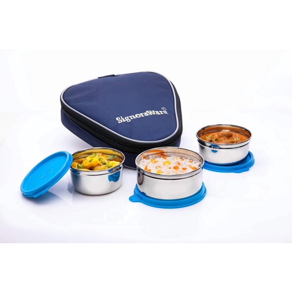 Sleek Stainless Steel Medium Lunch Box With Bag - Blue, Set Of 3 Containers | 1 Container, 350ml+ 2 Containers, 250ml Each - Airtight, Leak Proof & Spill Proof